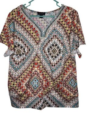 3/$20 I.N. Studio Multicolor Beaded V-Neck Short Raw Hem Sleeve Blouse
